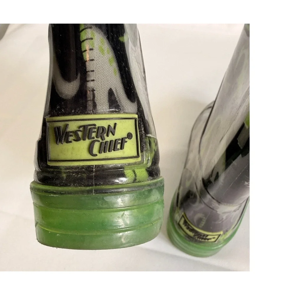 Western Chief Boys Rain Boots Size 11 Black Dinosaur Print Waterproof Pull On